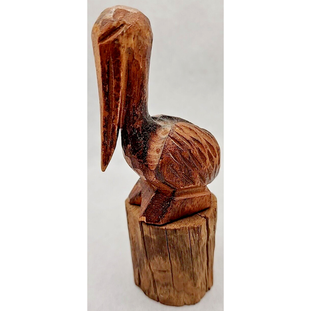 Wood Carved Pelican on‎ Stump Figurine About 6"T x 2”A U189